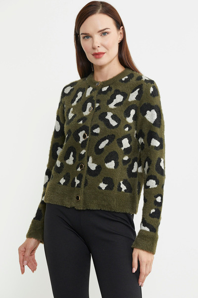 Sementa Khaki Color Leopard Patterned Bearded Knitwear Cardigan