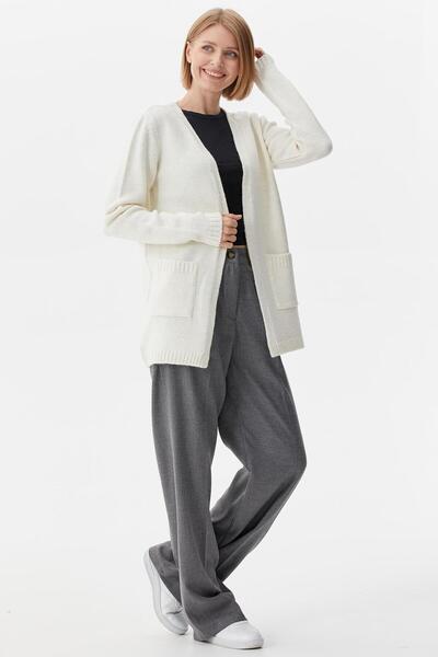 Sementa V Yaka Cepli Kadın Triko Ceket - Kemik