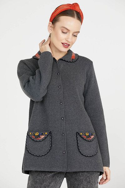 Sementa Baby Collar Embroidered Women's Knitwear Jacket - Dark Gray