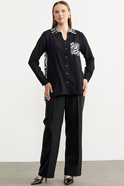Sementa Desen Kombinli Krep Gömlek - Siyah