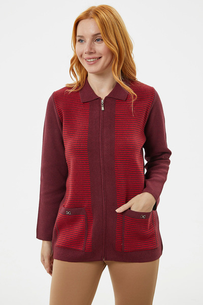 Sementa Thick Zippered Pocket Detailed Knitwear Cardigan - Claret Red