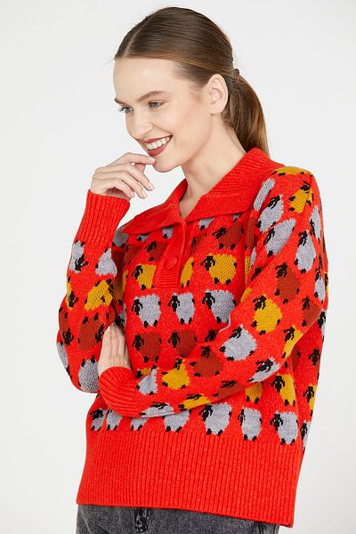 Sementa Pulover tricotat cu guler polo cu model de miel - roșu