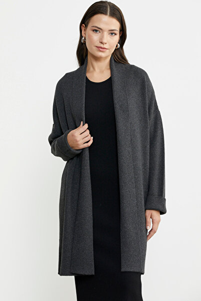 Sementa Μάλλινο Πλεκτό Ζακέτα με Σάλι Μεγάλου Μεγέθους - Σκούρο Γκρι