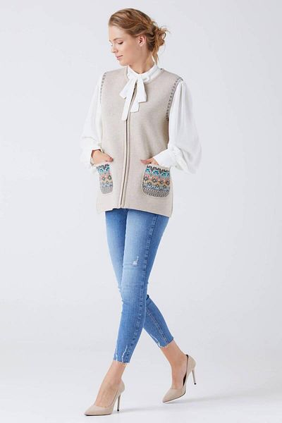 Sementa Beige Anthracite Women's Knitwear Vest - Pockets and Zipper