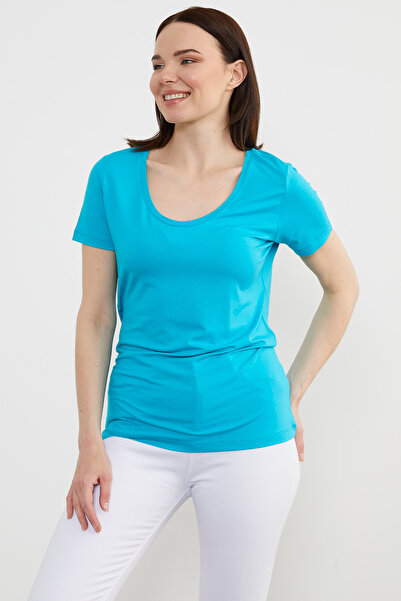 Sementa Μπλουζάκι με ανοιχτό γιακά από χτενισμένο βαμβακερό - Τυρκουάζ