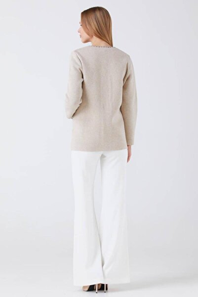 Sementa Women's Zippered Pocket Knitwear Jacket - Beige - Anthracite