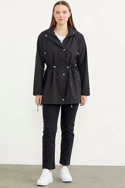 Sementa Plus Size Drawstring Waist Hooded Trench Coat - Black