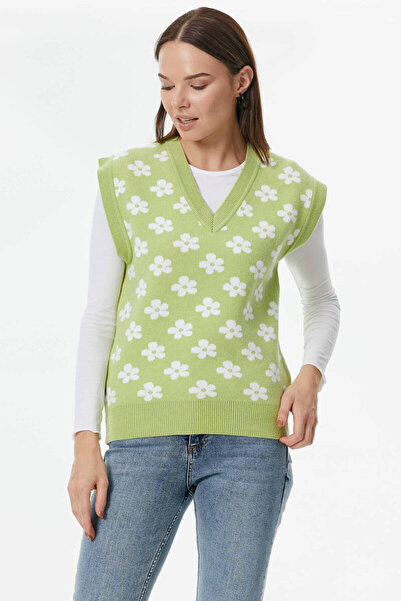 Sementa V-Neck Floral Motif Knitwear Sweater - Green