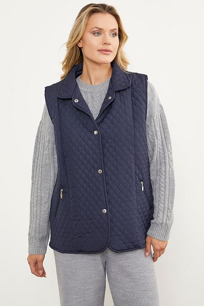 Sementa Quilted Vest with Snap Fastener Zipper Pocket - Navy Blue