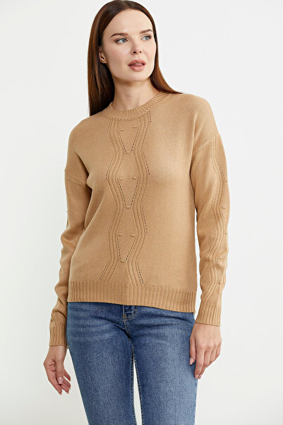 Sementa Camel Crew Neck Motif Knitwear Sweater