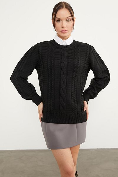Sementa Pulover cu gât crew tricotat - negru