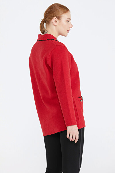 Sementa Women's Polo Collar Pocket Embroidered Knitwear Jacket - Red