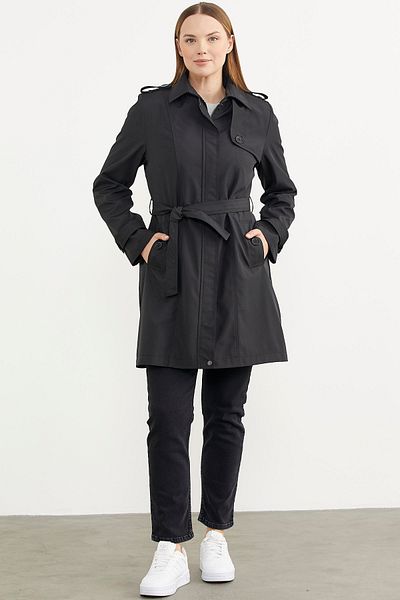 Sementa Large Size Tie Waist Trench Coat - Black