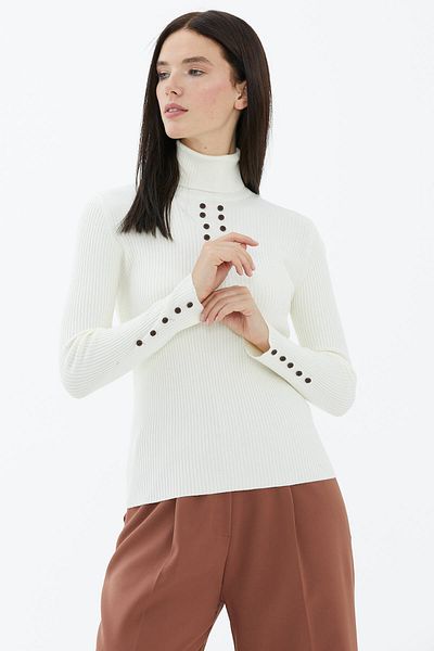 Sementa Full Turtleneck Buttoned Knitwear Sweater - Bone