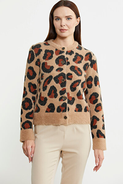 Sementa Beige Leopard Patterned Bearded Knitwear Cardigan