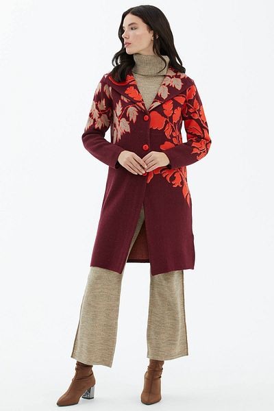 Sementa Cardigan tricot cu model cu guler polo larg - Roșu Claret