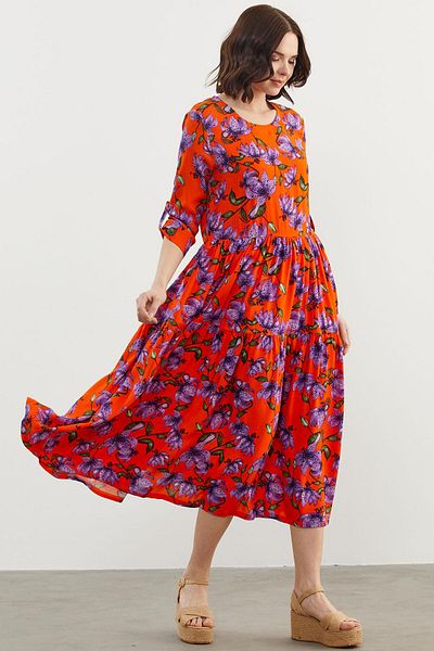 Sementa Rochie cu Motive Florale Marimi Plus - Portocaliu