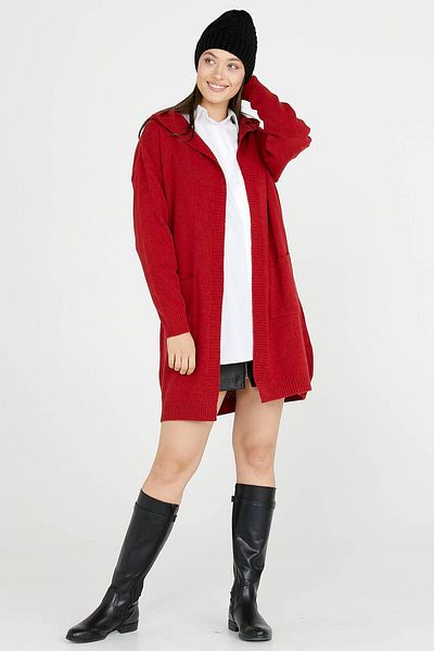 Sementa Hooded Long Knitwear Cardigan - Red