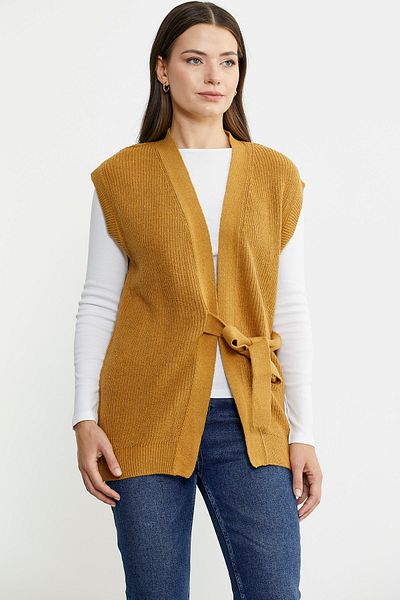 Sementa Woolen Knitwear Vest with Self Belt - Sun
