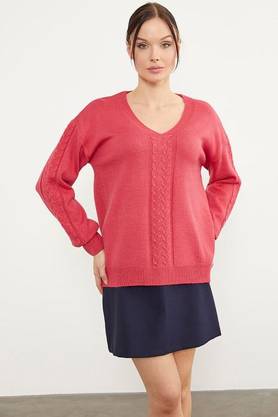 Sementa V-Neck Knitwear Sweater with Hair Knit Detail - Coral