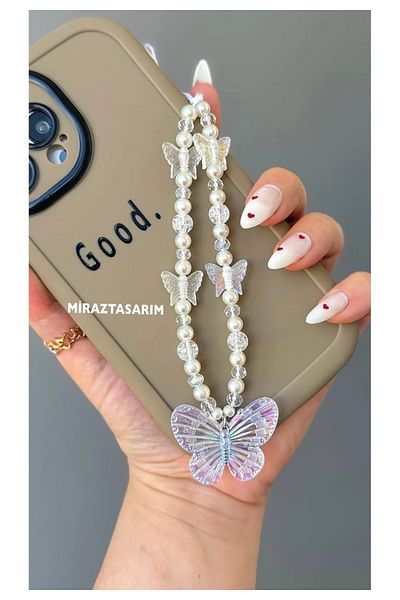 MİRAZ TASARIM Mirztasign Pearl and Glass Beads Waging Big Butterfly Phone Charm Phone String