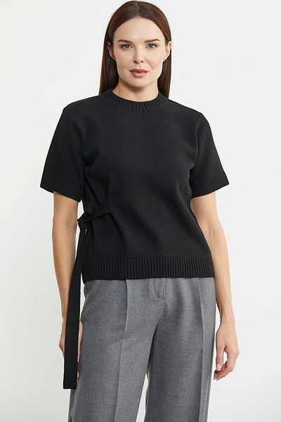 Sementa Pulover din tricot din lână neagră - mânecă scurtă și curea