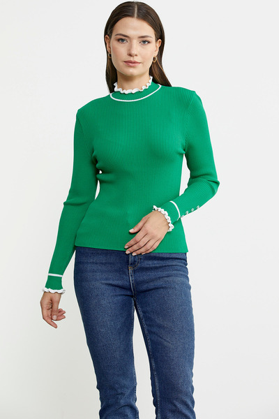 Sementa Green Stand Collar Knitwear Sweater - Sleeve Button Detail
