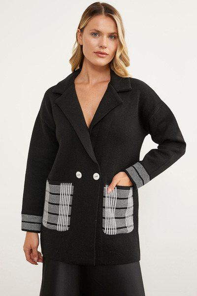 Sementa Plaid Detailed Double Breasted Knitwear Jacket - Black
