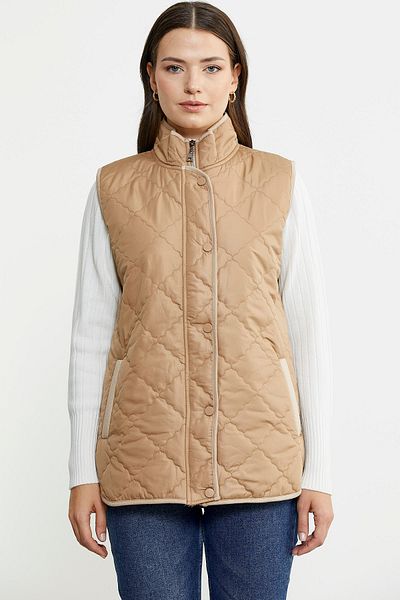 Sementa Quilted Vest - Stand Collar and Pocket, Camel Color