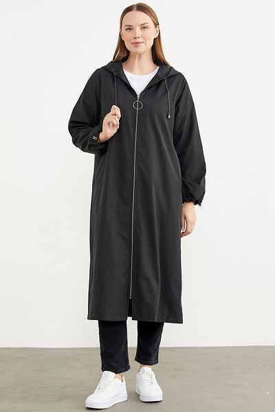 Sementa Μακρύ παλτό με φερμουάρ με κουκούλα Plus Size - Μαύρο