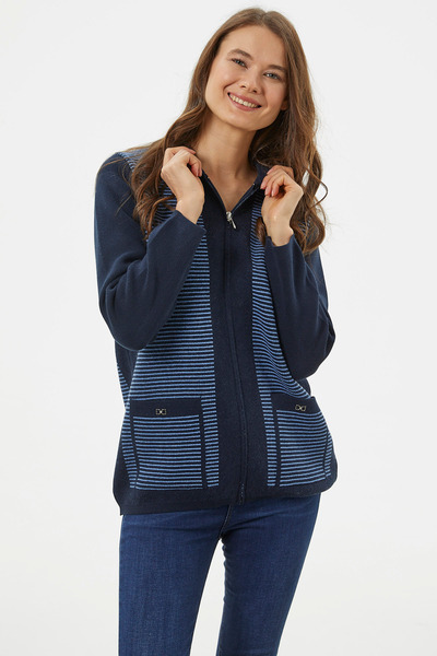 Sementa Thick Zippered Pocket Detailed Knitwear Cardigan - Navy Blue