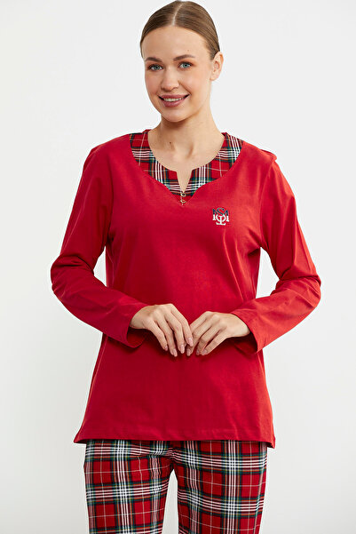 Sementa Düz Kombinli Ekose Pijama Takım - Kırmızı