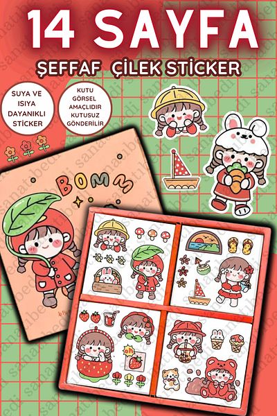 sanatıbedi 14 Sheets Transparent Strawberry Cute Water Resistant Sticker Set- Laptop Phone Notebook Sticker
