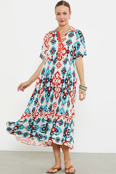 Sementa Ethnic Pattern Half Button Dress - Ecru