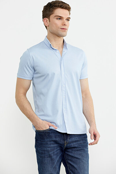 Sementa Κοντομάνικο Slim Fit Βαμβακερό πουκάμισο - Ανοιχτό μπλε