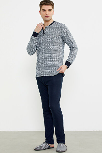 Sementa Синій піжамний комплект з комбінованим візерунком та в'язаним коміром