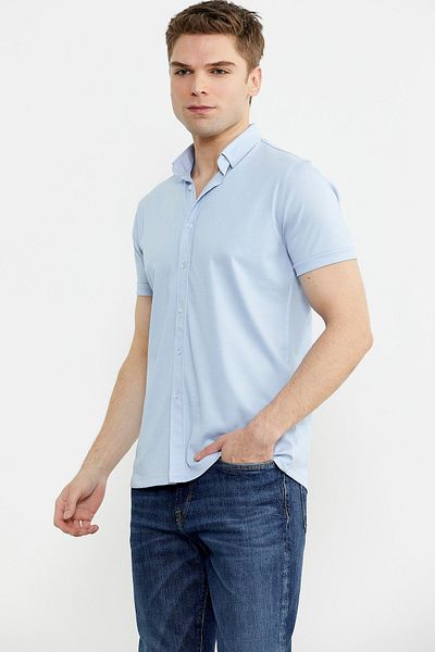Sementa Short Sleeve Slim Fit Combed Cotton Shirt - Light Blue
