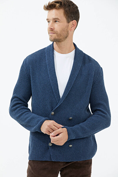 Sementa Şal Yaka Düğmeli Triko Hırka Indigo