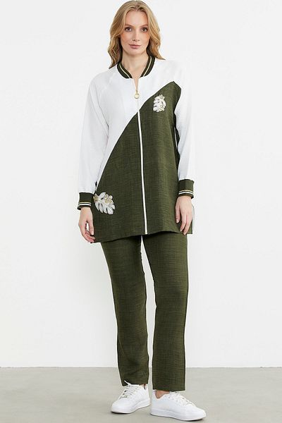 Sementa Zippered Embroidered Tunic Set - Khaki
