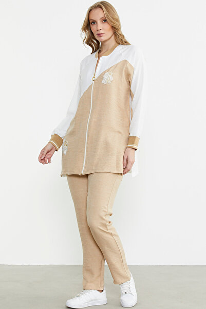 Sementa Zipper Closed Embroidered Beige Tunic Set