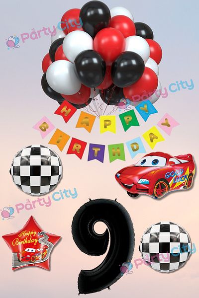 Party City Σετ μπαλόνι για γιορτή γενεθλίων με θέμα το αυτοκίνητο 9 ετών Happy Birthday Πολύχρωμο γραμμένο