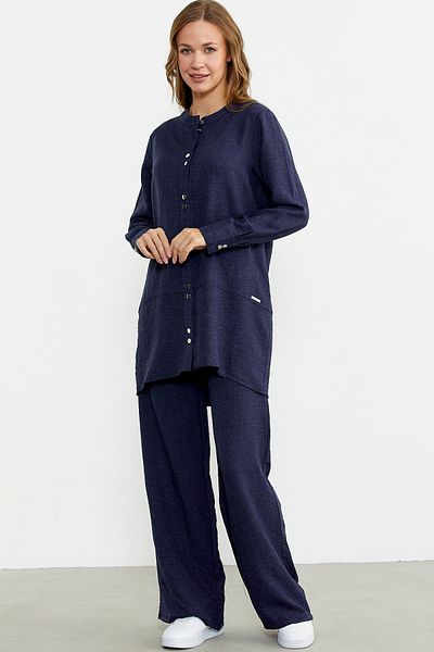 Sementa Navy Blue Linen Look Shirt Pants Set