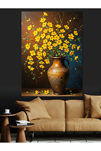 KanvasSepeti Flori galbene în vază Pictură decorativă în ulei Texturată Pânză de înaltă calitate Pictură pe pânză 80 x 60 cm
