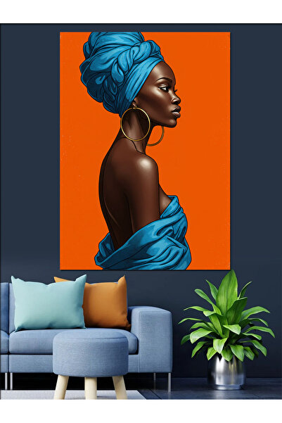 karizmart Mavi Fularlı Afrikalı Kadın Dekoratif Kanvas - Mdf Ahşap Tablo