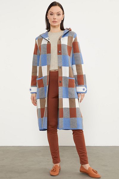 Sementa Cardigan lung colorat cu model bloc - albastru
