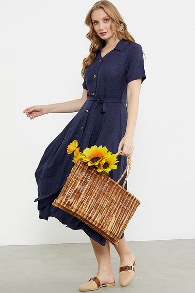 Sementa Φόρεμα μακρύ πουκάμισο Linen Look - Navy Blue