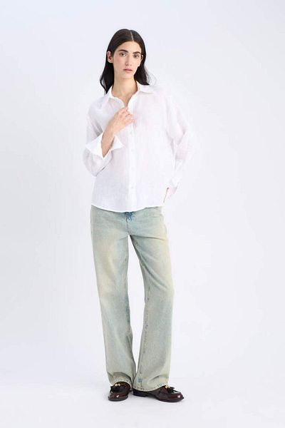 DeFacto Νέα σεζόν Oversize Wide Fit Λινό Μακρυμάνικο Λευκό Πουκάμισο