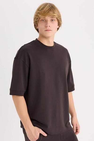 DeFacto Νέα σεζόν Loose Fit Crew λαιμόκοψη κοντομάνικο βαρύ ύφασμα Basic μασίφ μπλουζάκι