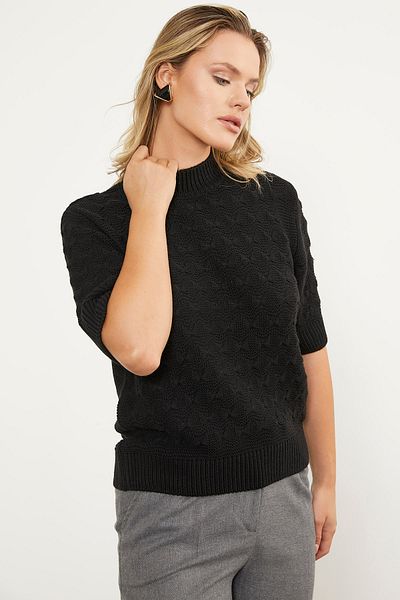 Sementa Bow Patterned Short Sleeve Knitwear Sweater - Black