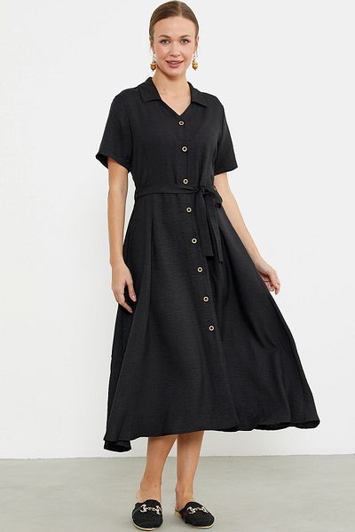 Sementa Φόρεμα Μακρύ Πουκάμισο Linen Look - Μαύρο